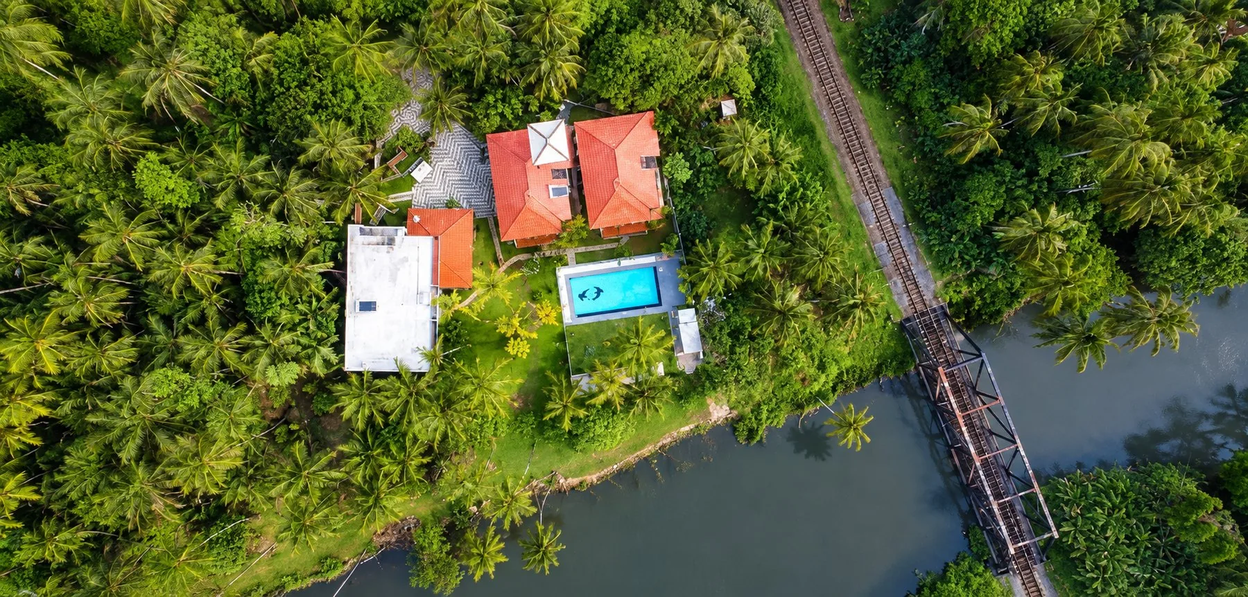 Aerial view of the estuary and railway bridge beside Villa Estuary, Induruwa