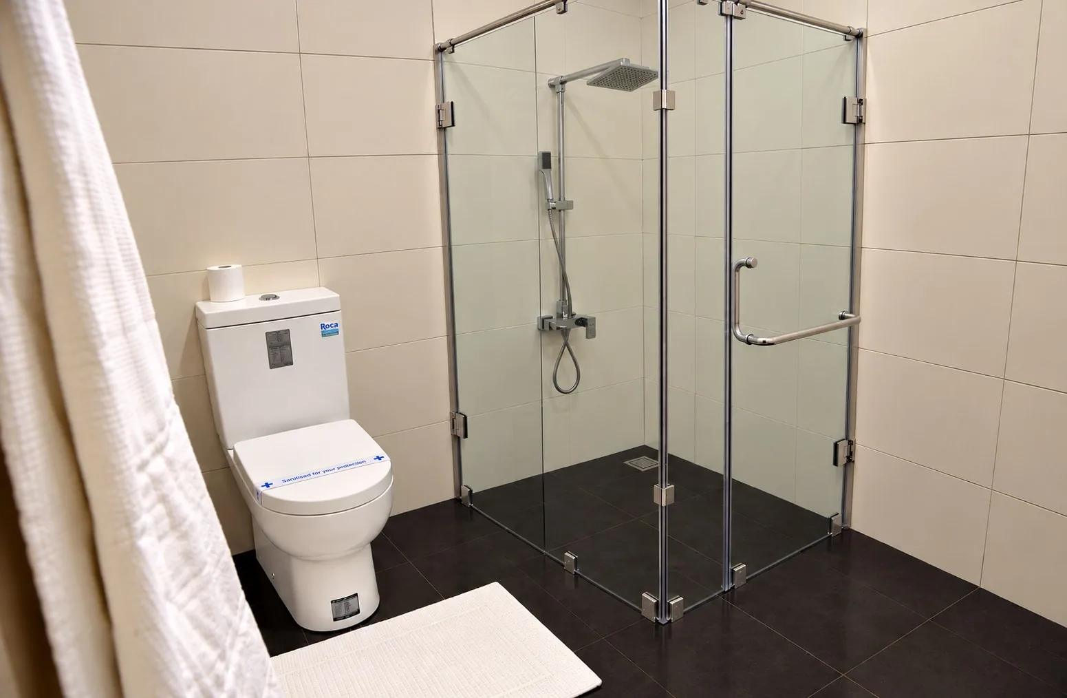 Suite bathroom — frameless glass shower with rain head and grab rail
